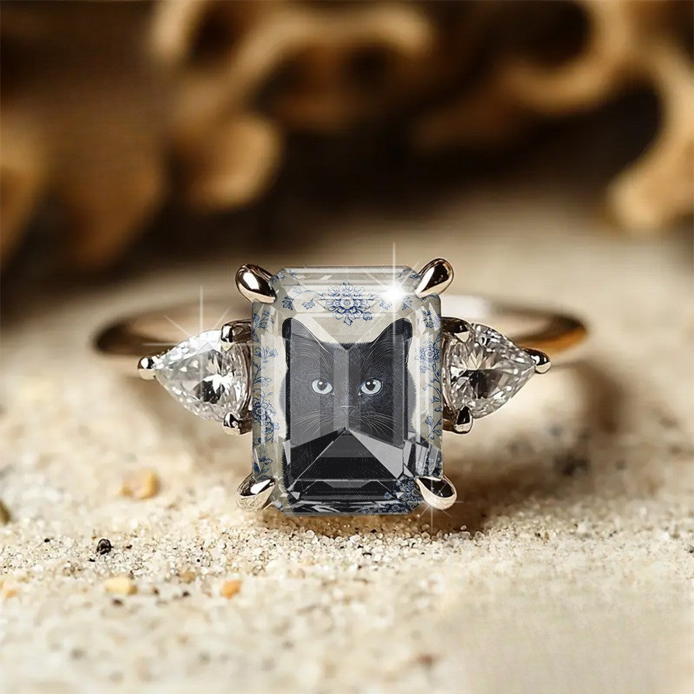 Blue Floral Black Cat Square Ring