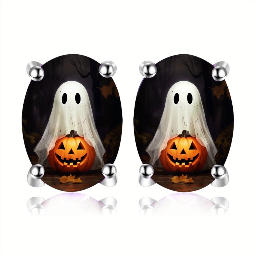 Ghost and Pumpkin Oval Earrings