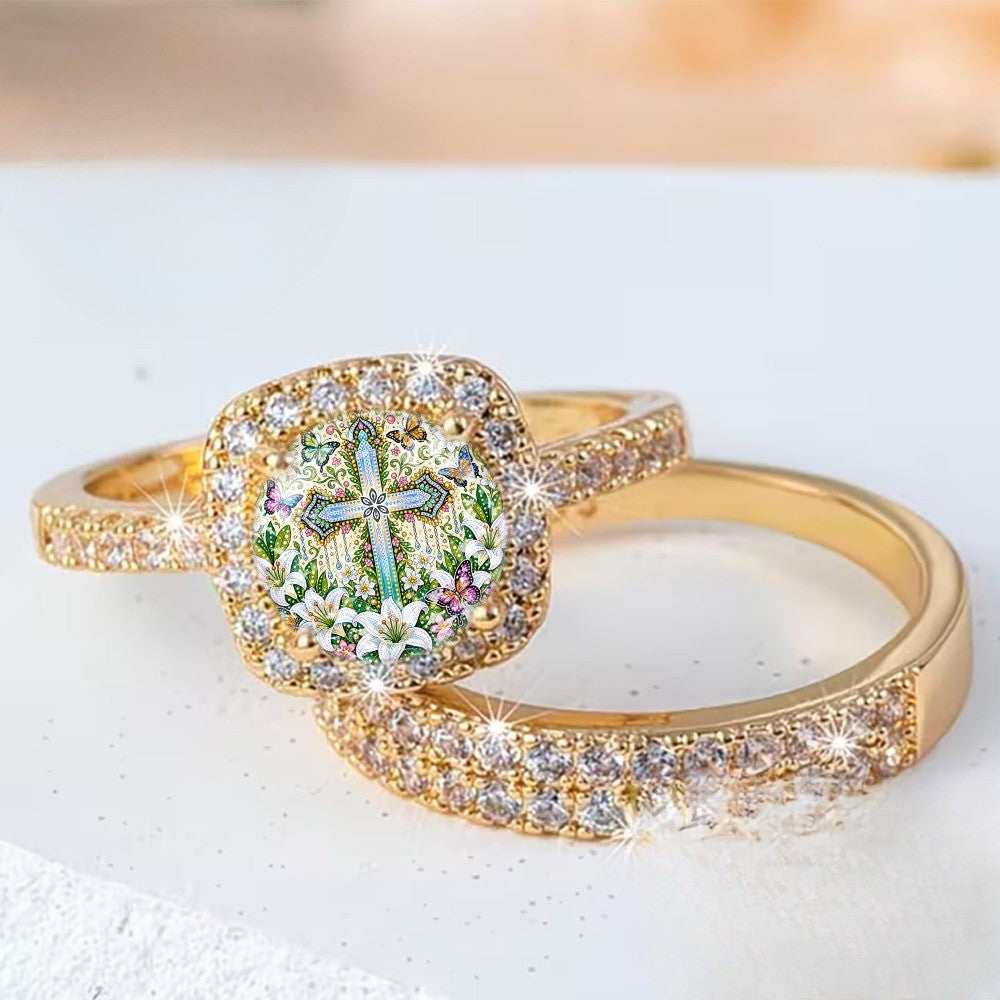 Floral Cross Square Ring Set