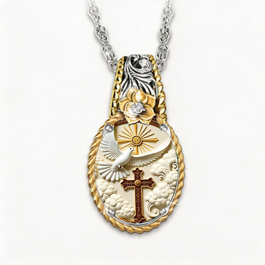 Dove & Cross Teardrop Pendant Necklace