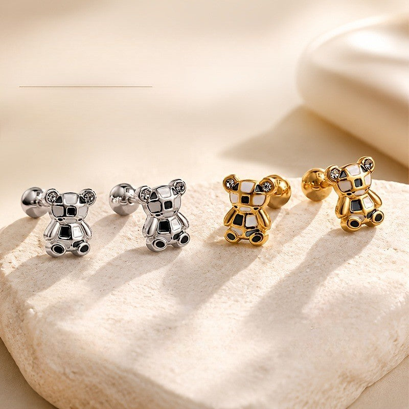 Contrast Block Bear Stud Earrings