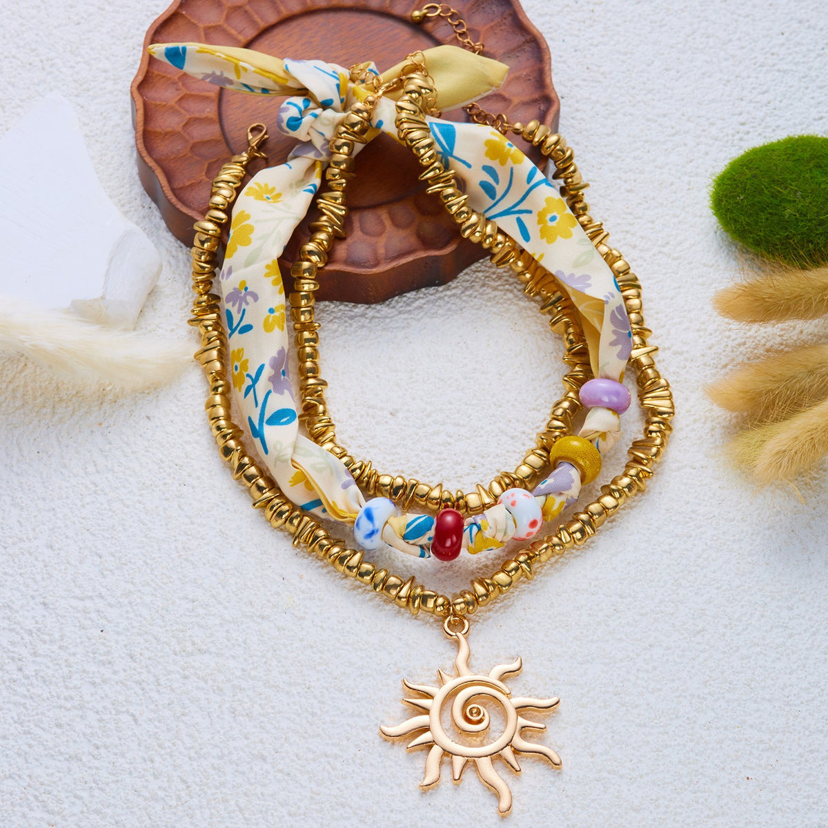 Colorful Fabric Beaded Sun Necklace Set