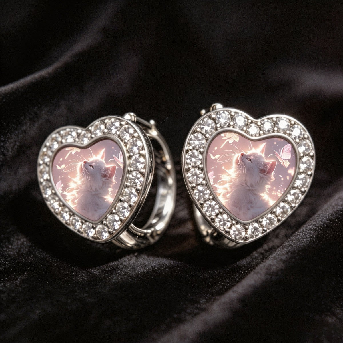 White Cat Heart Earrings