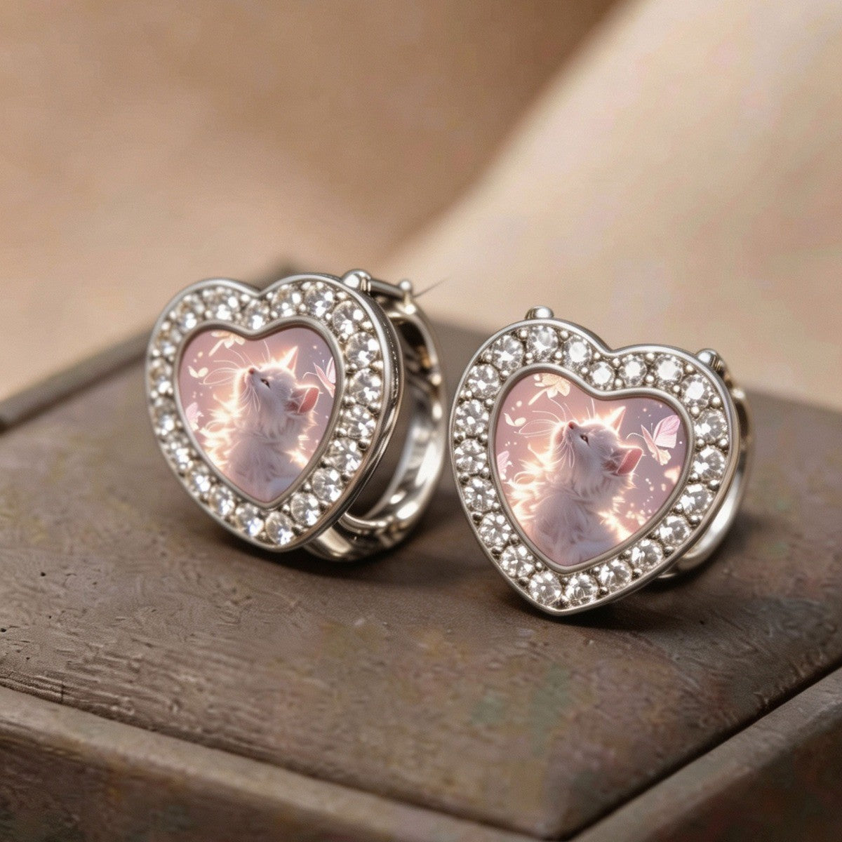 White Cat Heart Earrings