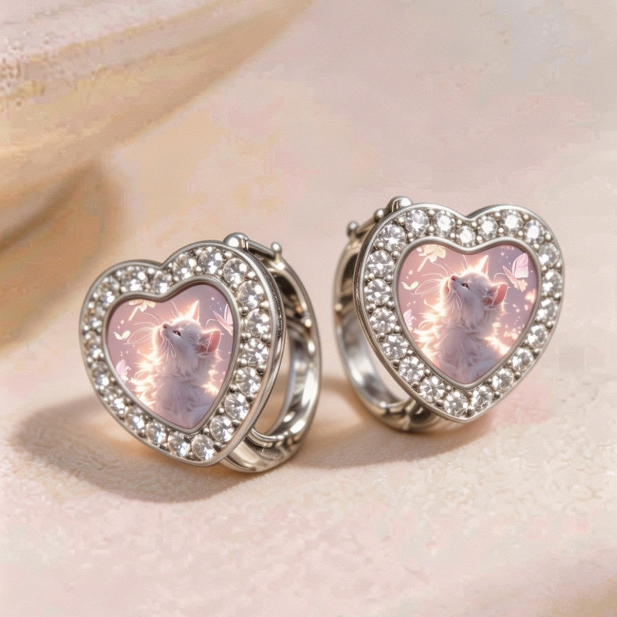 White Cat Heart Earrings