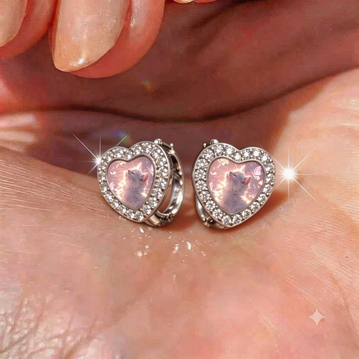 White Cat Heart Earrings