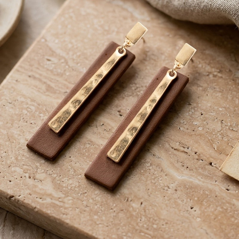 Brown Rectangle Hammered Bar Drop Earrings