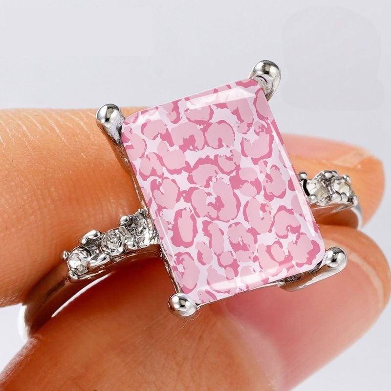 Silver Pink Leopard Rectangle Ring