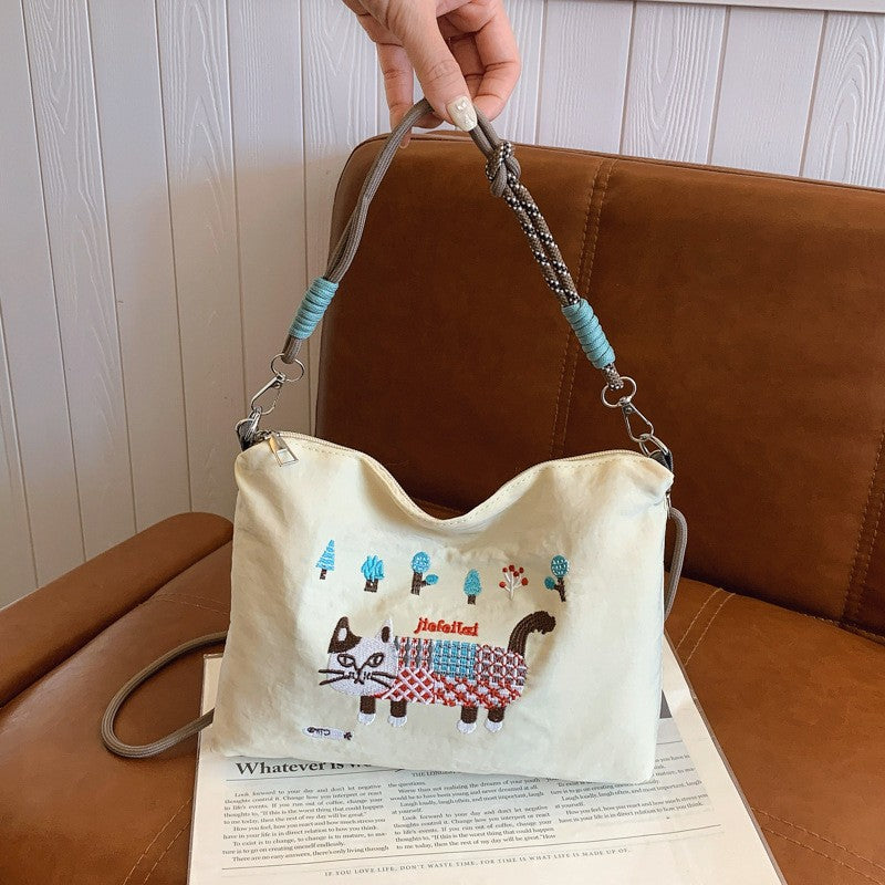 Embroidered Cat Canvas Bag