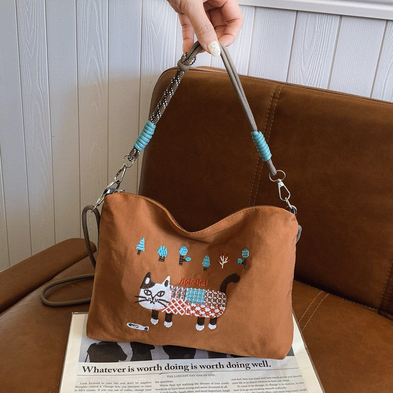 Embroidered Cat Canvas Bag