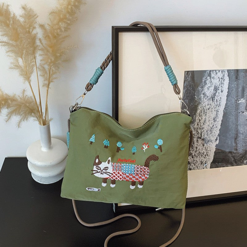 Embroidered Cat Canvas Bag