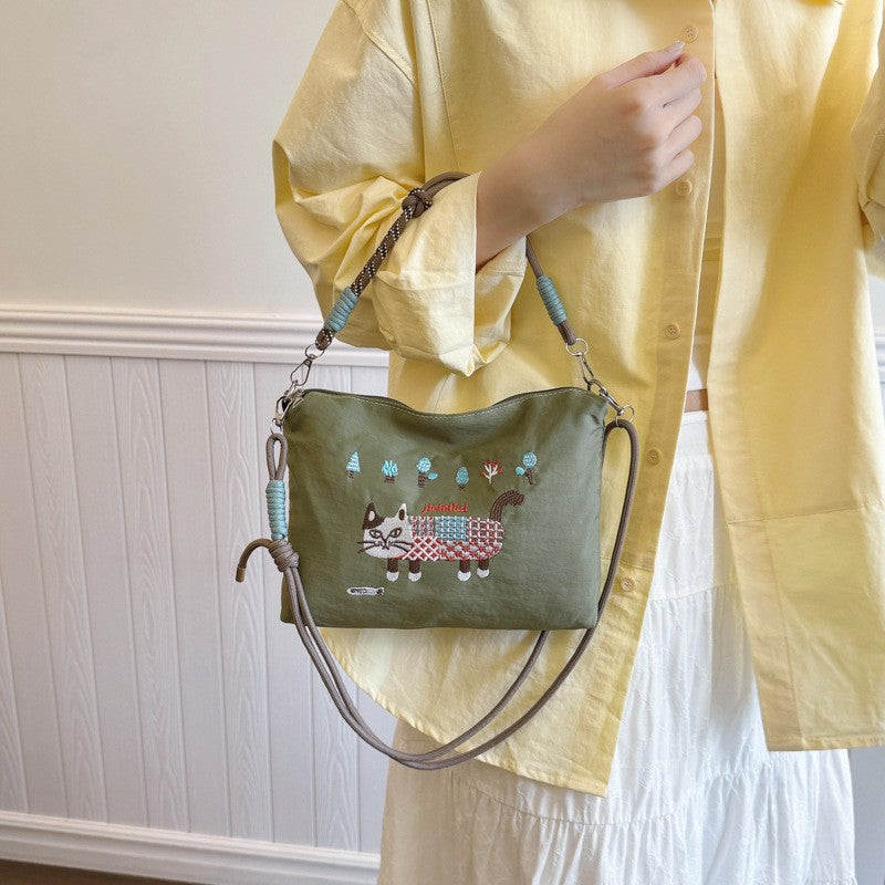 Embroidered Cat Canvas Bag