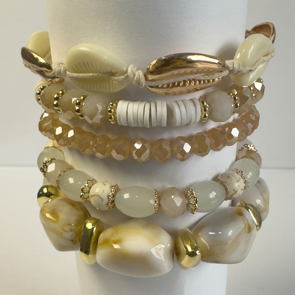 Cowrie Shell & Stone Stackable Bracelet Set