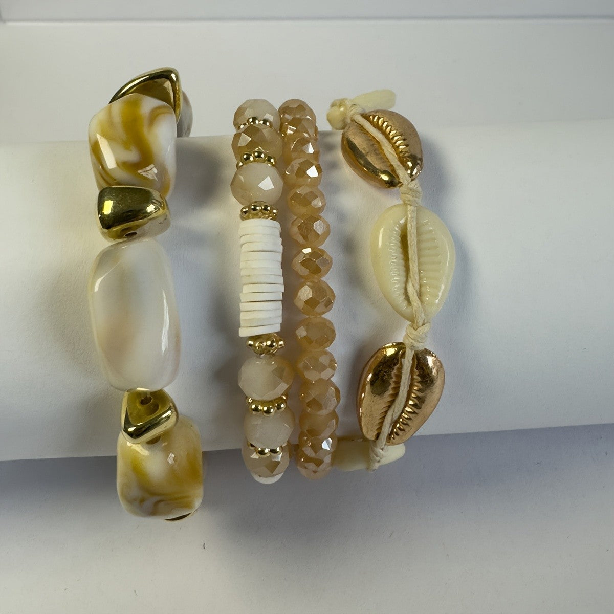Cowrie Shell & Stone Stackable Bracelet Set