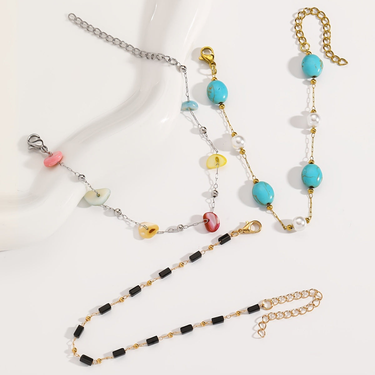 Colorful Stone & Pearl Link Bracelet