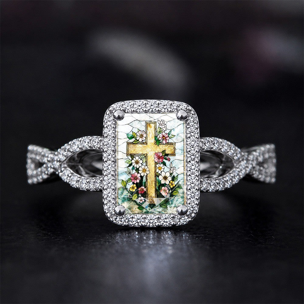 Floral Cross Square Ring