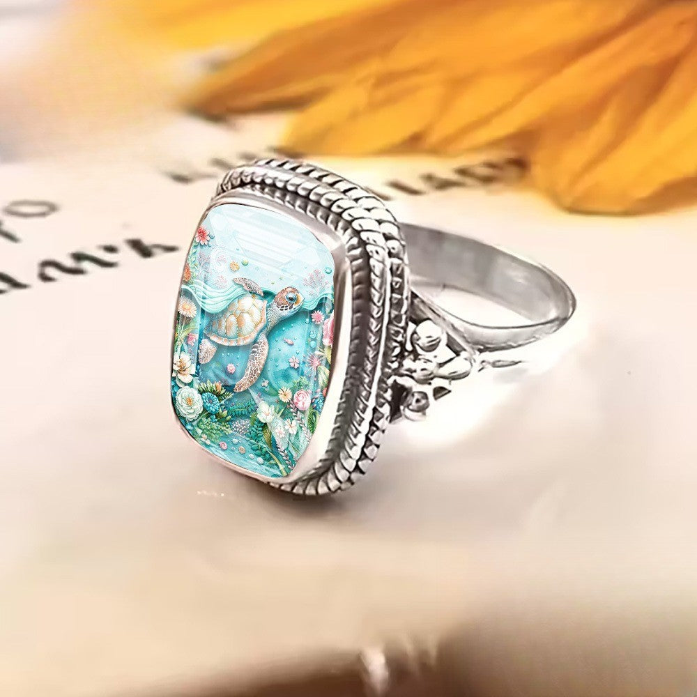 Sea Turtle Floral Resin Ring
