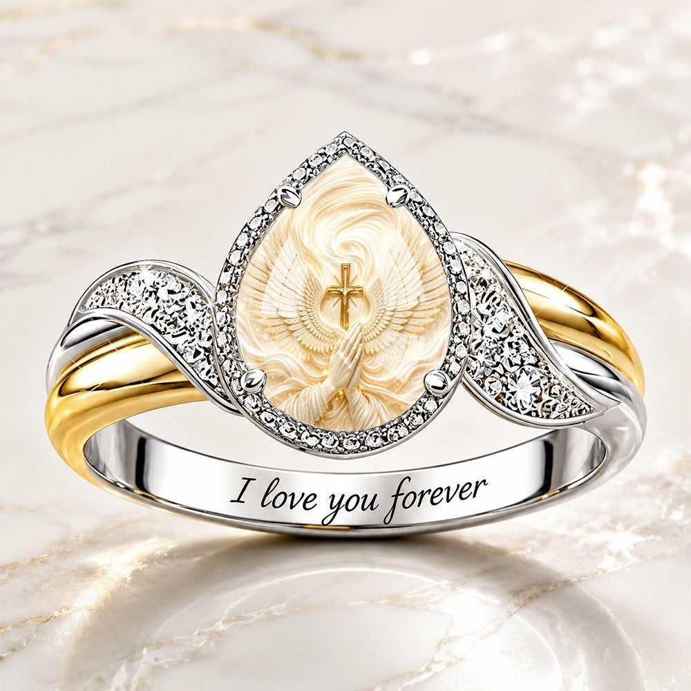 Praying Angel & Cross Marquise Ring