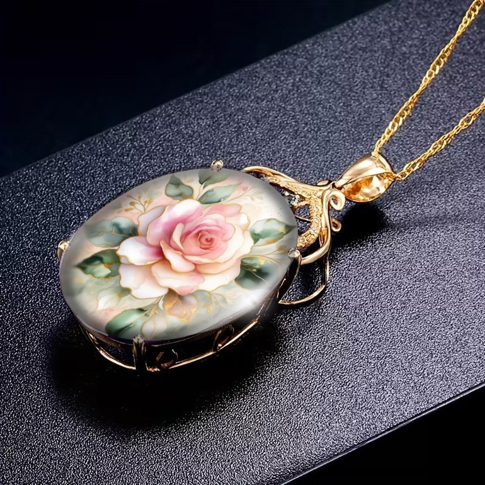 Pink Rose & Green Leaf Oval Necklace