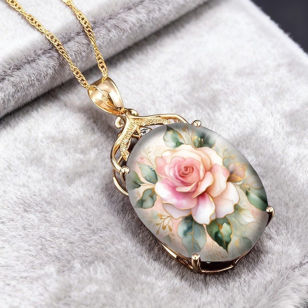 Pink Rose & Green Leaf Oval Necklace
