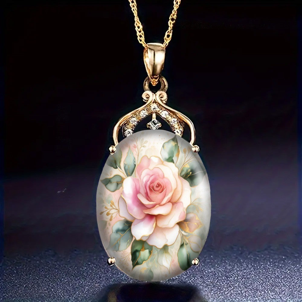 Pink Rose & Green Leaf Oval Necklace