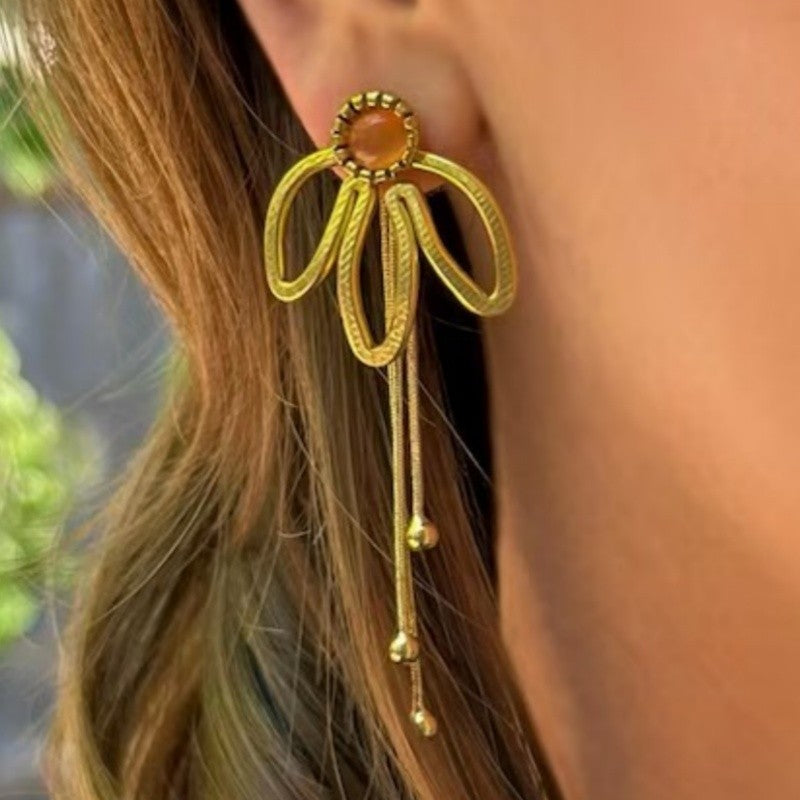 Gold Bow Tassel Drop Earrings