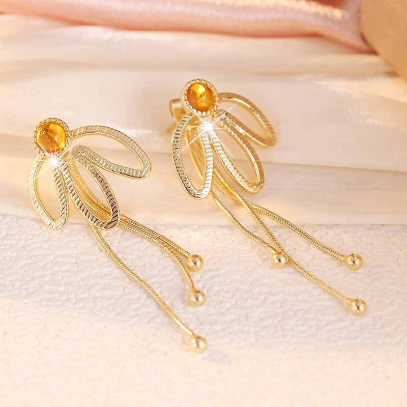 Gold Bow Tassel Drop Earrings