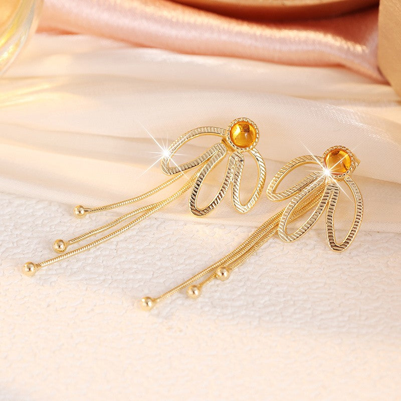 Gold Bow Tassel Drop Earrings