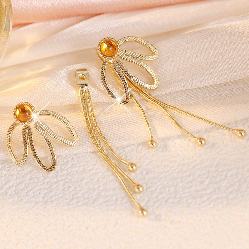 Gold Bow Tassel Drop Earrings