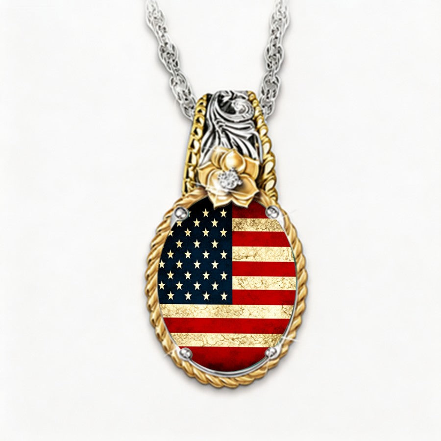 American Flag Floral Pendant Necklace