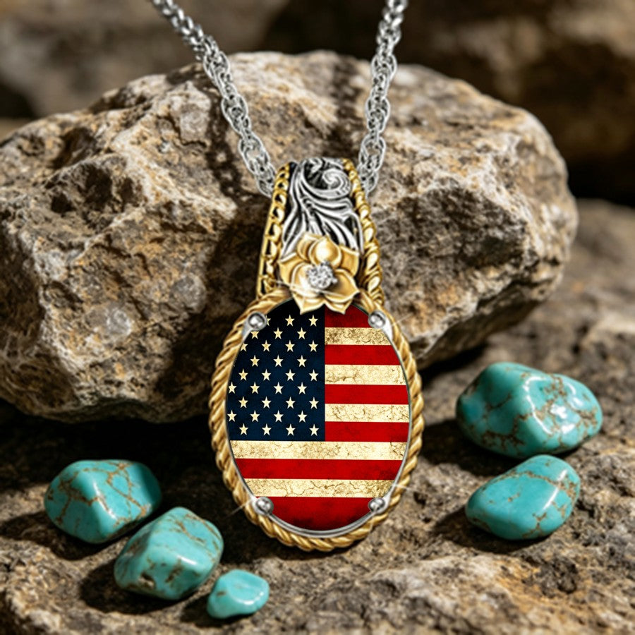 American Flag Floral Pendant Necklace