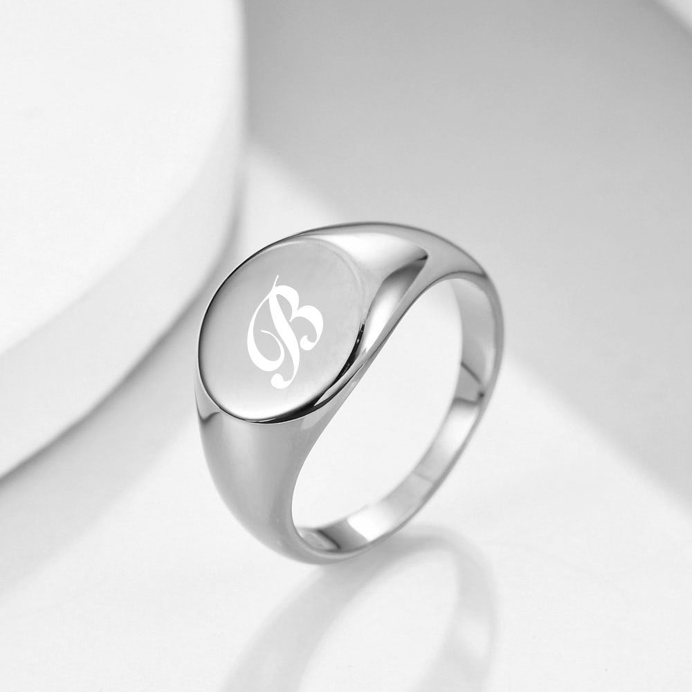 Polished Script Initial Signet Ring