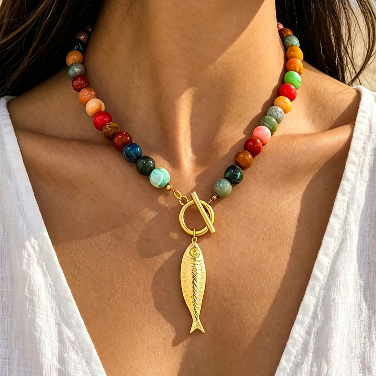 Multicolor Bead Fish Toggle Necklace