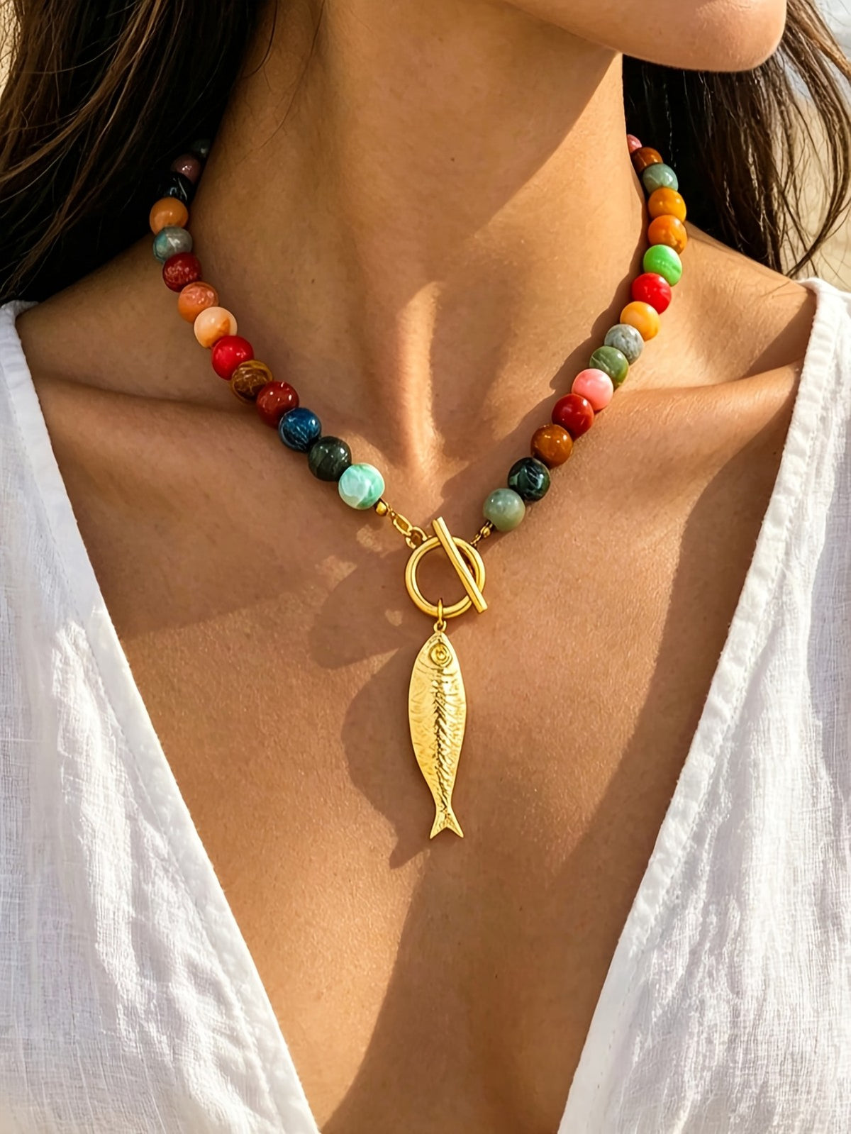 Multicolor Bead Fish Toggle Necklace