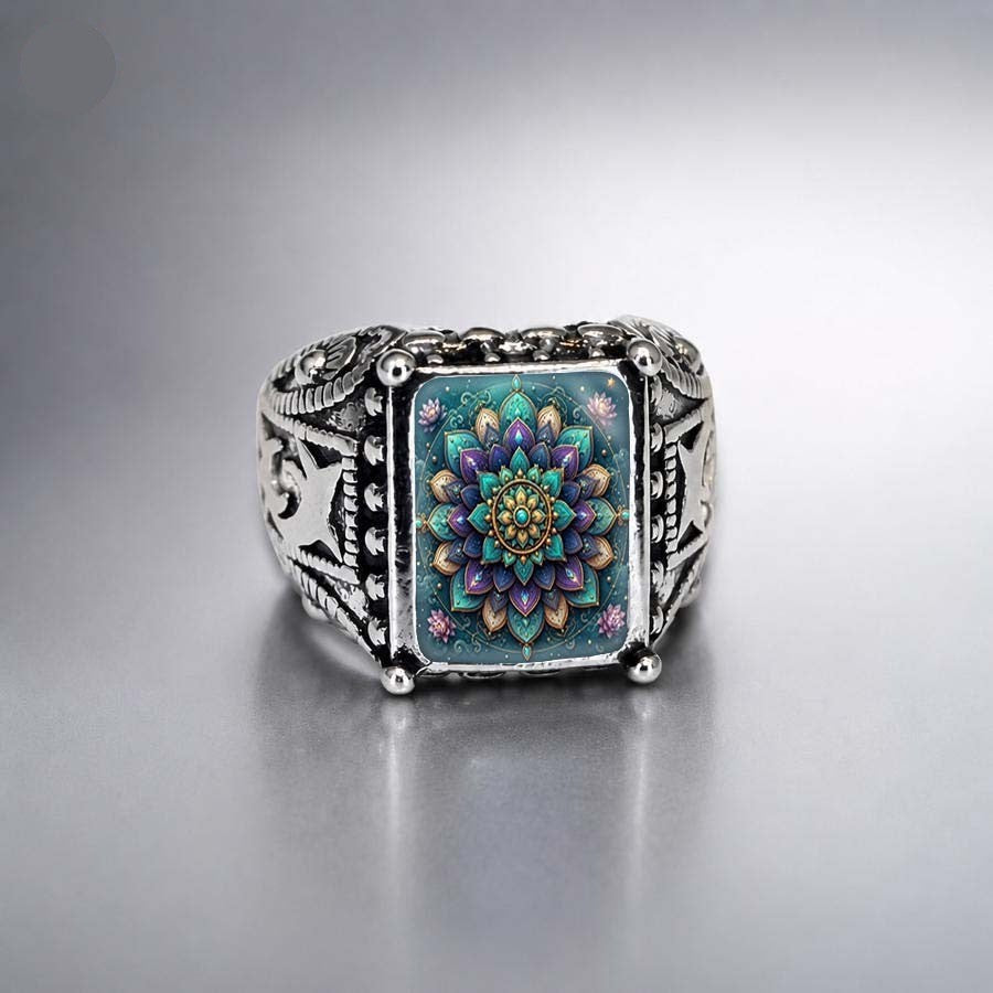 Teal Mandala Square Ring