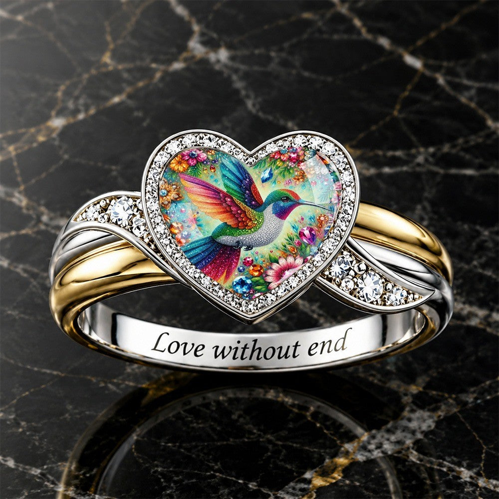 Colorful Hummingbird Heart Ring