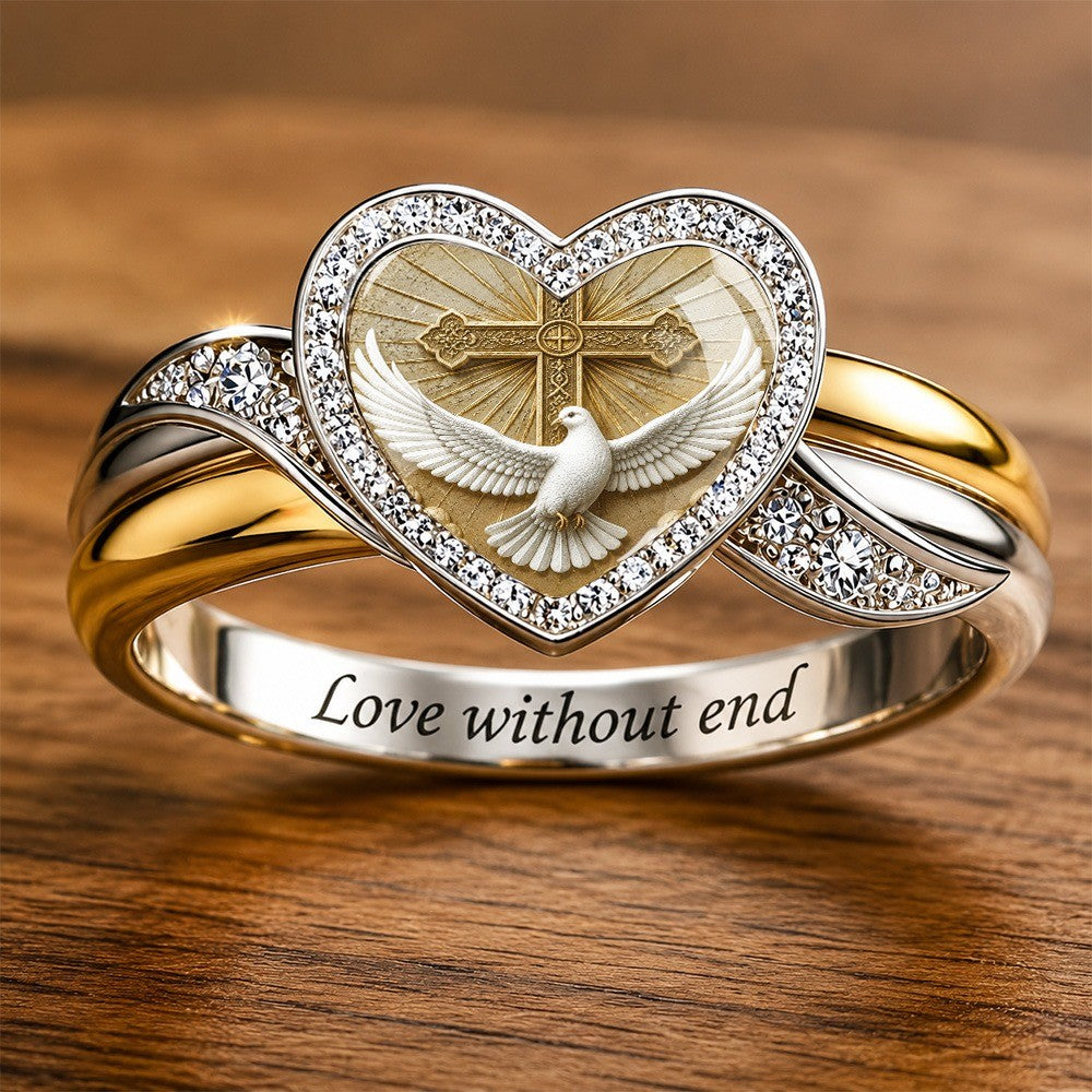 Two-Tone Dove & Cross Heart Ring