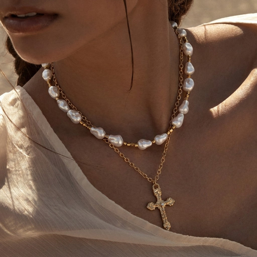 Irregular Pearl & Cross Layered Necklace