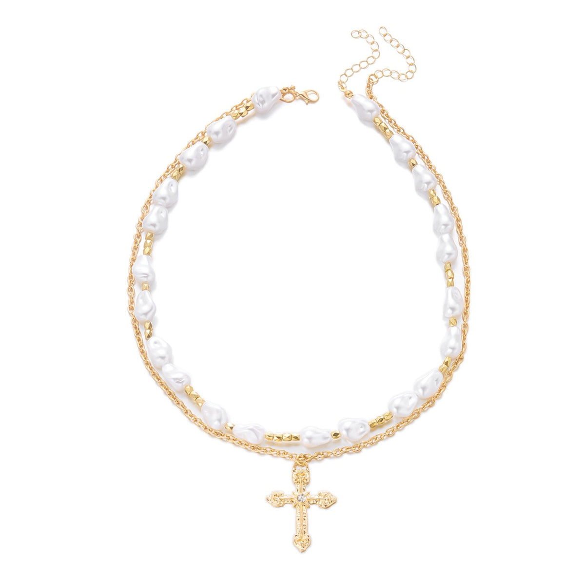 Irregular Pearl & Cross Layered Necklace