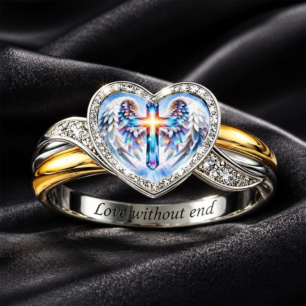 Iridescent Angel Cross Heart Ring
