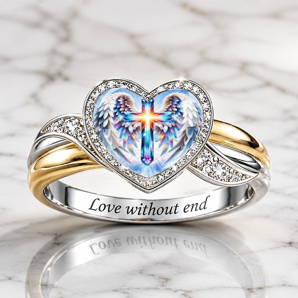 Iridescent Angel Cross Heart Ring