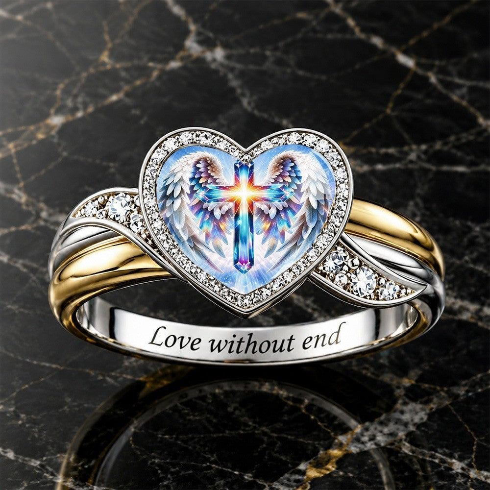 Iridescent Angel Cross Heart Ring