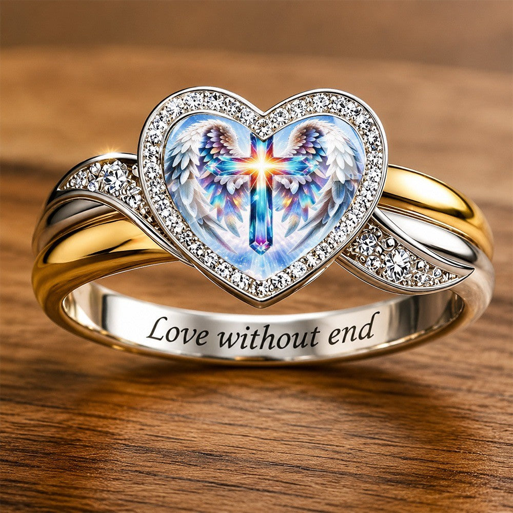 Iridescent Angel Cross Heart Ring