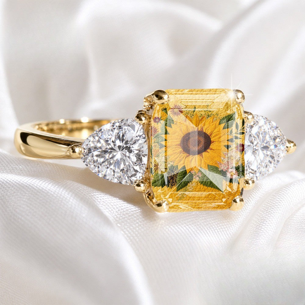 Sunflower Embroidered Three Stone Ring