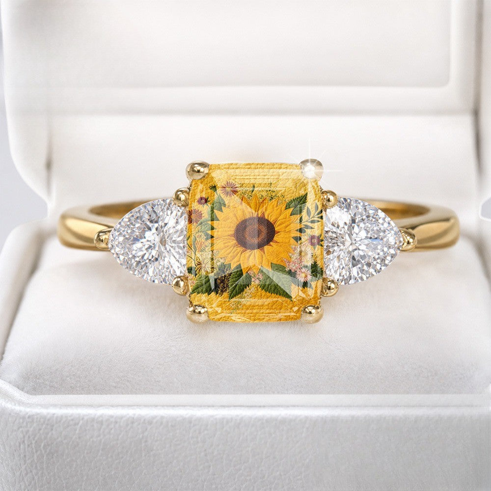 Sunflower Embroidered Three Stone Ring