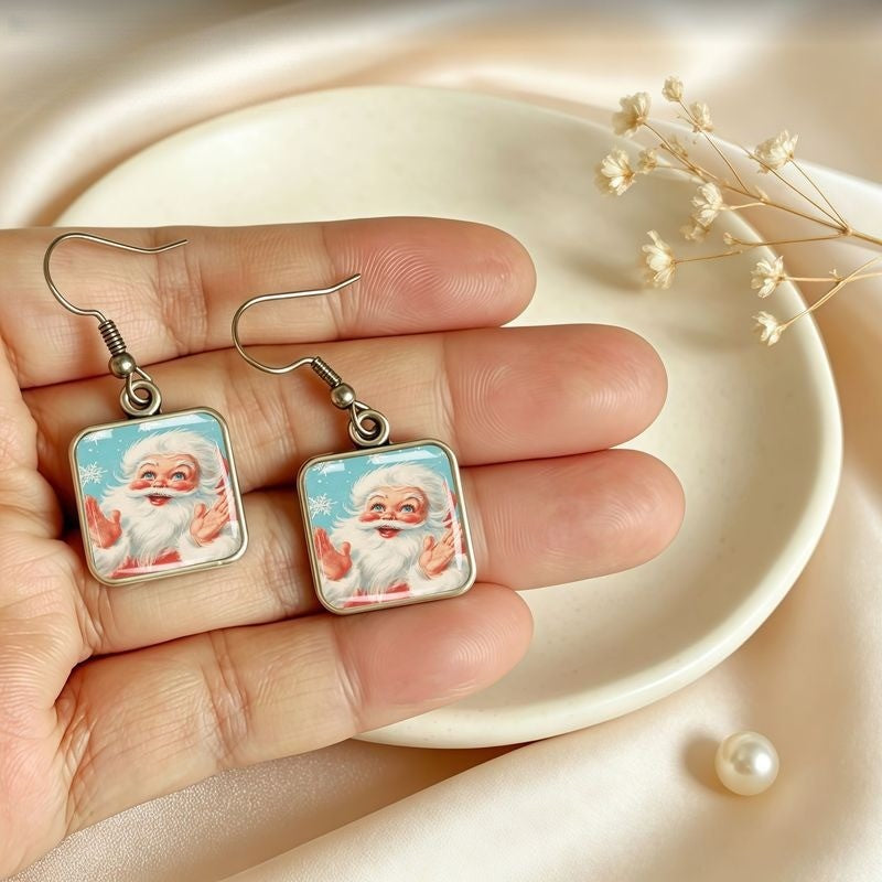 Vintage Santa Square Dangle Earrings