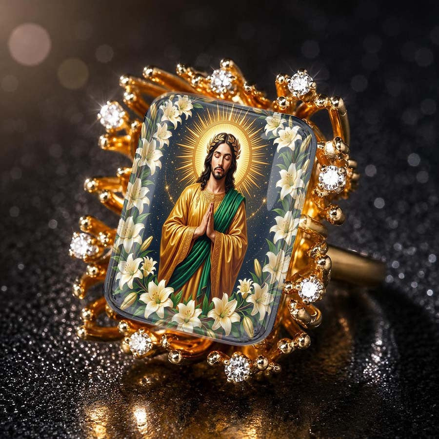 Golden Jesus & Lily Floral Ring
