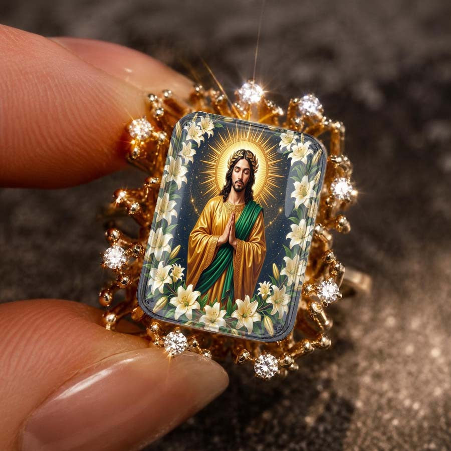 Golden Jesus & Lily Floral Ring
