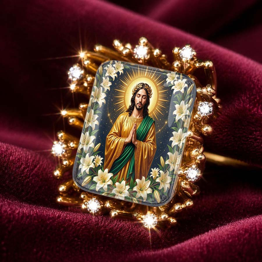 Golden Jesus & Lily Floral Ring