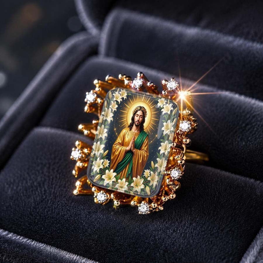 Golden Jesus & Lily Floral Ring